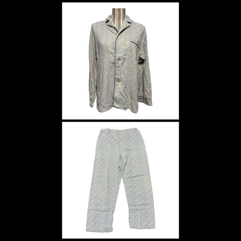 Vintage pajamas set pants long sleeve button striped plaid large
